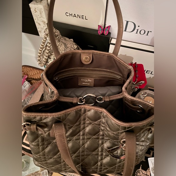 ✨SOLD✨Christian Dior Panarea Cloth Quilt Metallic Gray Tote Bag Silver Hardware - Picture 14 of 16